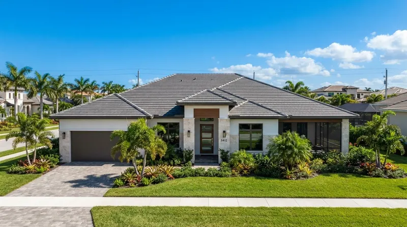 Modern Florida home with a slate-gray flat concrete tile roof