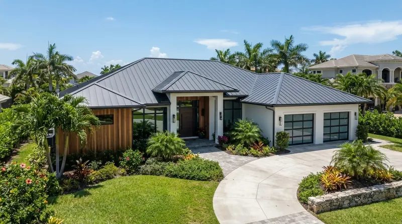 Contemporary home with a dark standing seam metal roof and wood accents