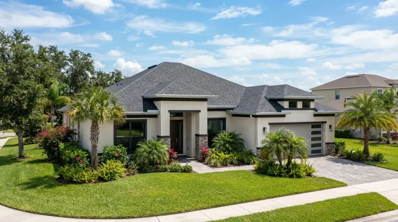 Single-story stucco home with a new charcoal architectural shingle roof in Southwest Florida