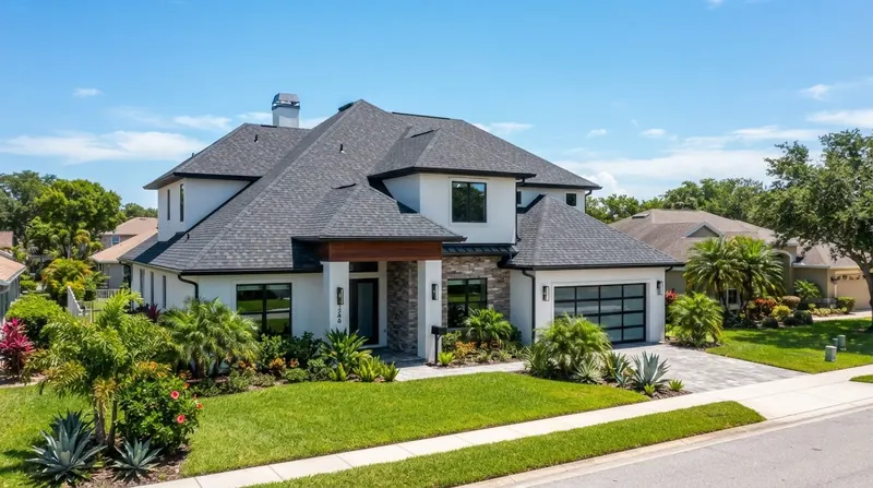 Two-story home with a charcoal architectural shingle roof and palm landscaping